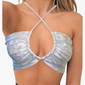 Women’s silver metallic rave top.